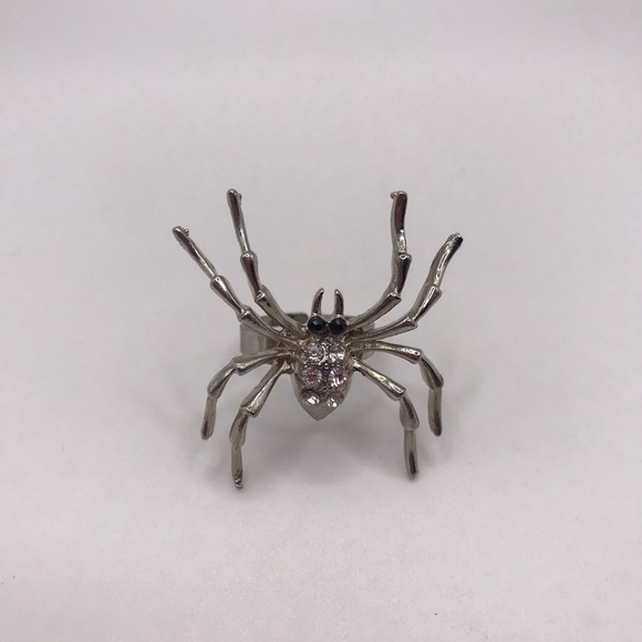 Spider Ring Adjustable Silver Tone Rhinestone Halloween Goth Jewelry - Picture 9 of 10